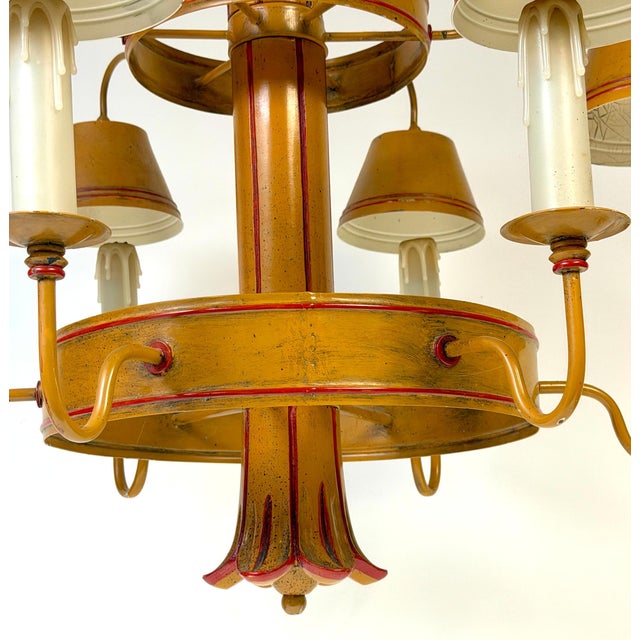Mid 20th Century Mid 20th Century Hollywood Regency Ochre Japanned Faux Bamboo Tole Six-Light Chandelier For Sale - Image 5 of 18