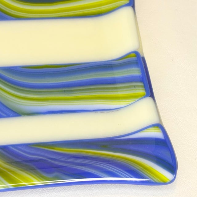 Blue Vintage Fused Rectangular Wavy Striped Art Glass Plate Tray For Sale - Image 8 of 12