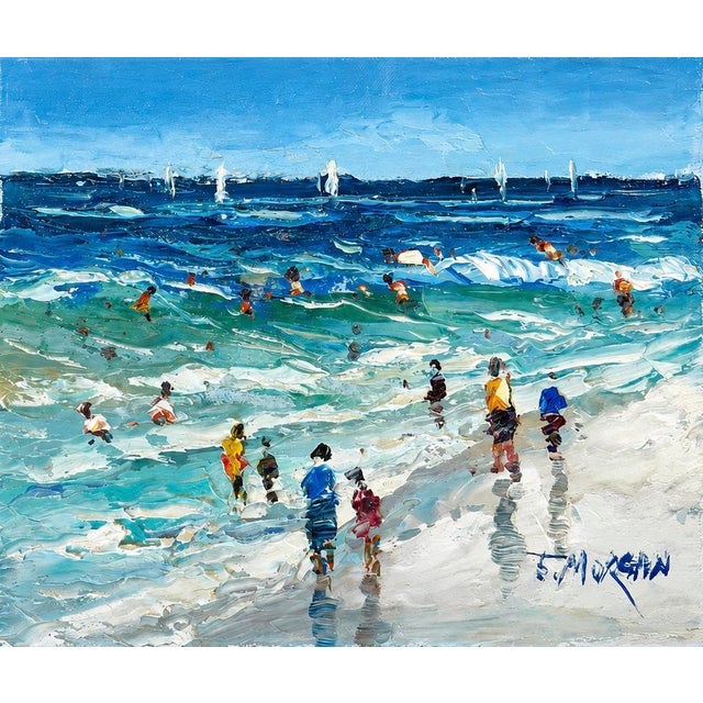 Original oil on canvas by J. Morgan. This expressive original oil painting captures the energy and joy of a sunlit coastal...