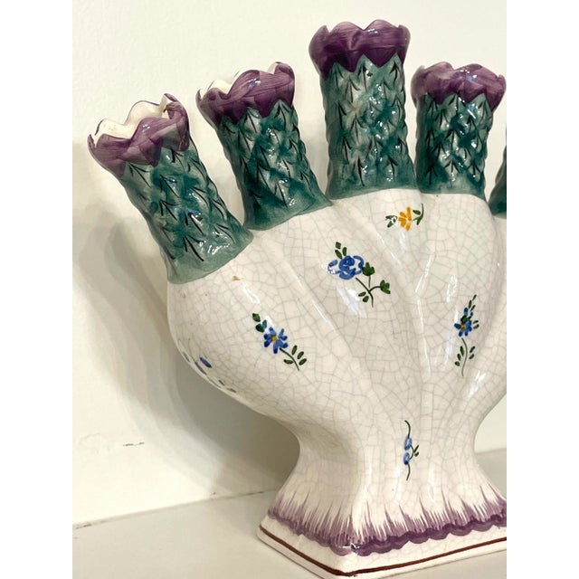 Vintage French Country Floral Painted Tulipiere Ceramic Vase, Purple & Green For Sale In Houston - Image 6 of 12