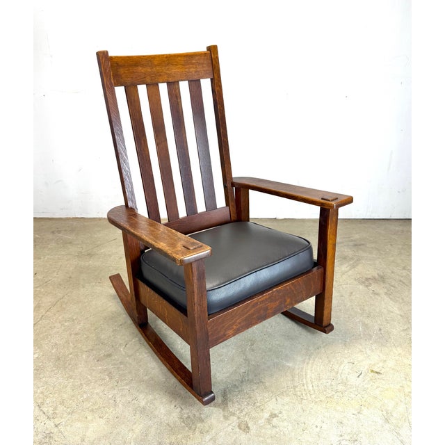 Antique Stickley Brothers Mission Oak Arts & Crafts Rocking Chair New Leather Seat For Sale - Image 11 of 12