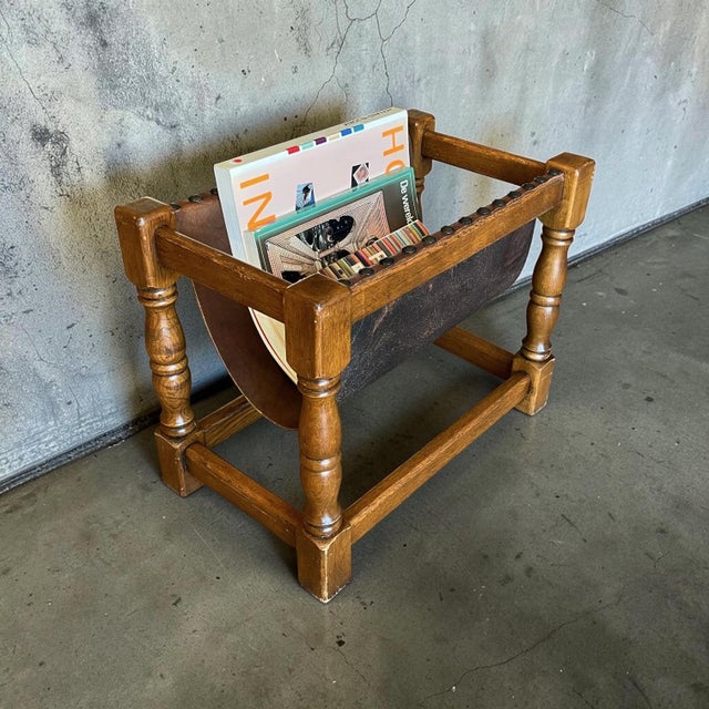 1970s Dutch Wood Magazine Rack with Leather Sling, 1970s For Sale - Image 5 of 12