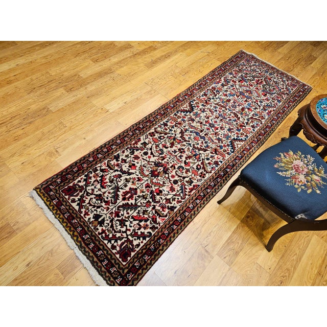 Vintage Persian Heriz Runner Rug, Hand-Knotted Wool, Allover Geometric Pattern, Ivory & Red, 3x9 For Sale - Image 14 of 14