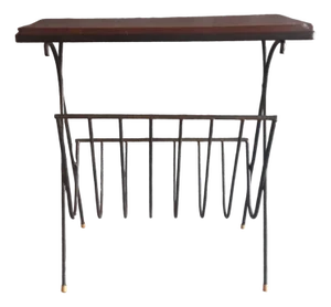Vintage Side Tables with Integrated Newspaper Stand with Wrought-Iron Frame and Inserted Massive Oak Plate, 1970s