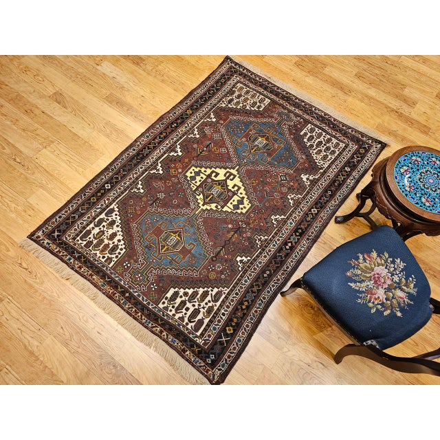 Vintage Persian Qashqai Tribal Area Rug, Hand-Knotted Wool, Geometric Medallions, 4x6, Rust & Navy For Sale In Chicago - Image 6 of 16