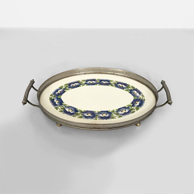 Italian Art Deco Tray with Flowers in Ceramic and Metal, 1920s For Sale - Image 13 of 13