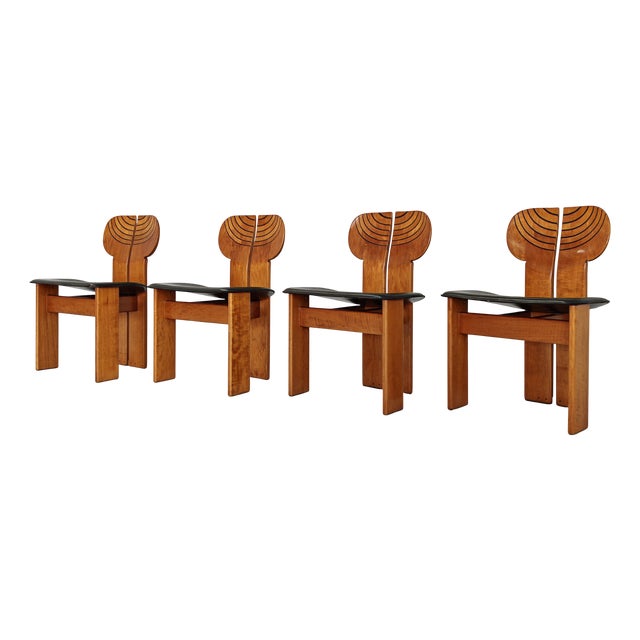 Africa Chairs in Walnut and Leather by Afra and Tobia Scarpa for Maxalto, 1970s, Set of 4 For Sale