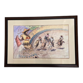 Lorenzo Castñeda 2011 "La Fiesta Vaquera" Framed Watercolor 39"w X 27"h Beautiful Western Piece For Sale