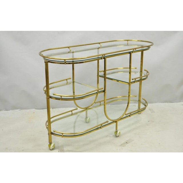 Vintage Mid Century Modern Brass 3 Tier Oval Frame Rolling Bar Cart Server Table For Sale - Image 15 of 15