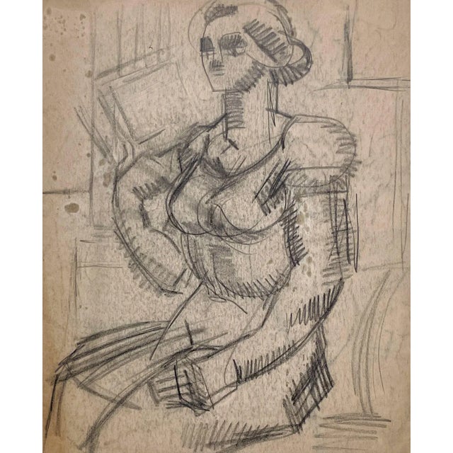 A ca. 1945 Cubist drawing of a seated women by artist Harold Haydon. Matted to 14" x 18". Drawn on University of Chicago...