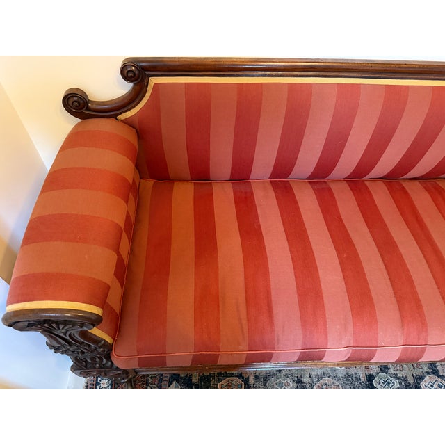 Antique Late Regency William IV Mahogany Settee in Clarence House Wool Stripe For Sale - Image 4 of 13