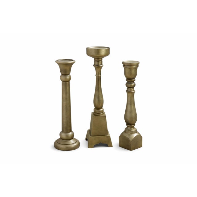 Gothic Monumental Sculptural Brass Floor Candlesticks, Set of 3 — Neoclassical Column Forms in Aged Sunlit Gold Finish (33”–36.5”) For Sale - Image 3 of 7