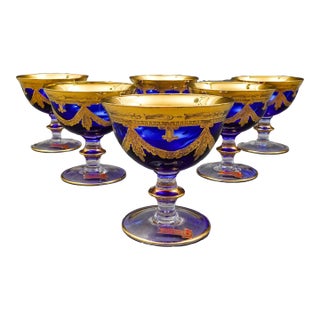Mid 20th Century Interglass Italy 24k Gold Cobalt Blue Crystal Compote Serving Bowls- Set of 6 For Sale