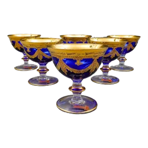 Mid 20th Century Interglass Italy 24k Gold Cobalt Blue Crystal Compote Serving Bowls- Set of 6