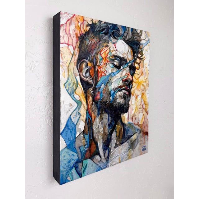 Abstract The Veil of Now by Jon Wassom | Mixed Media on Panel portrait of a man with abstract elements For Sale - Image 3 of 5