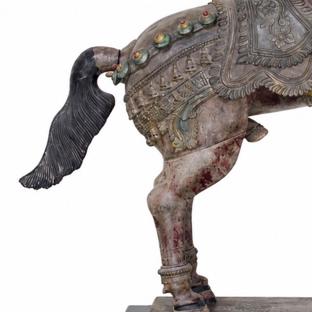 Indian Antique Carved Indian Polychrome Rearing Vahana Horse For Sale - Image 3 of 4