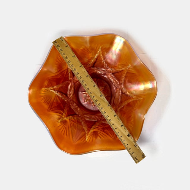 Vintage Dugan Ski Star Peach Opalescent Carnival Glass Ruffled Bowl For Sale In Houston - Image 6 of 8