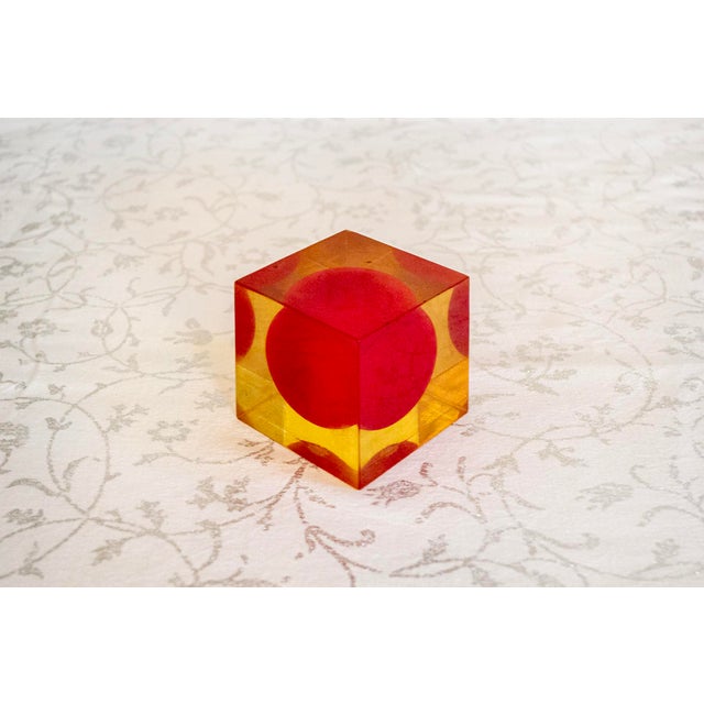 Cube-shaped resin sculpture with a colored resin sphere inside. Model 3018 Designer Enzo Mari Danish Manufacturer 1960s I...