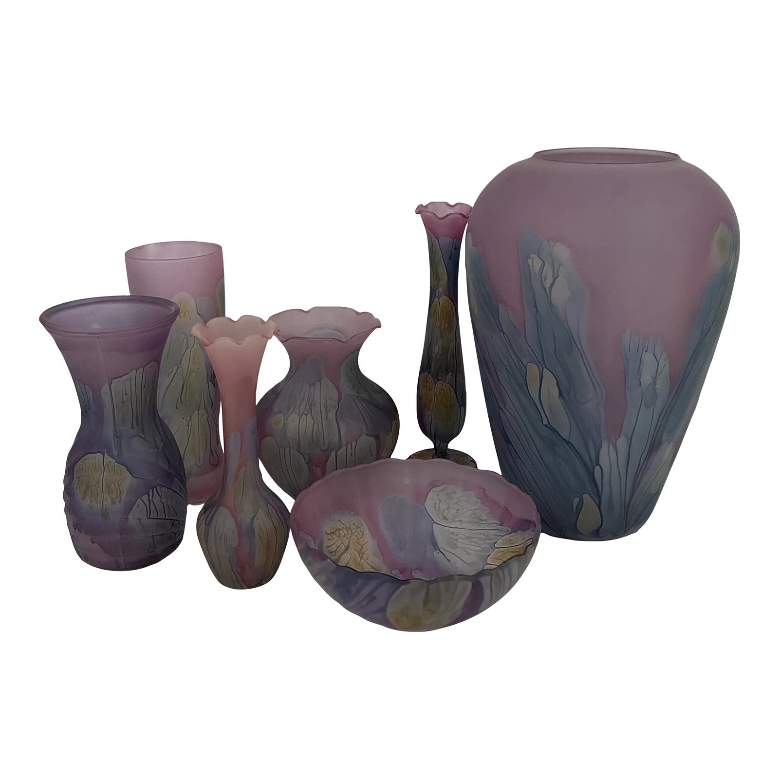 1980s Vintage Hand-Painted Nouveau Art Glass Vase Set by Rueven- 7