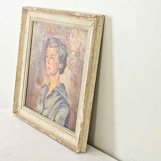 Tan English Vintage Mid-Century Framed Portrait of a Lady For Sale - Image 8 of 11