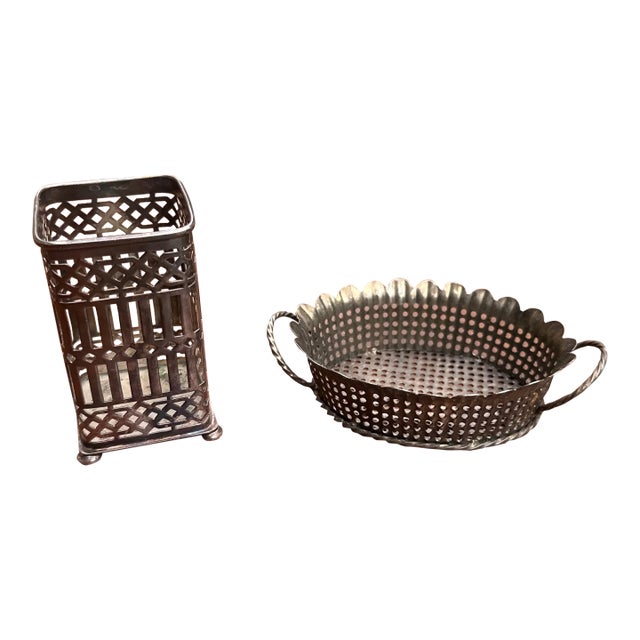 Pair of Small 1970s Metal Lace Catchalls For Sale