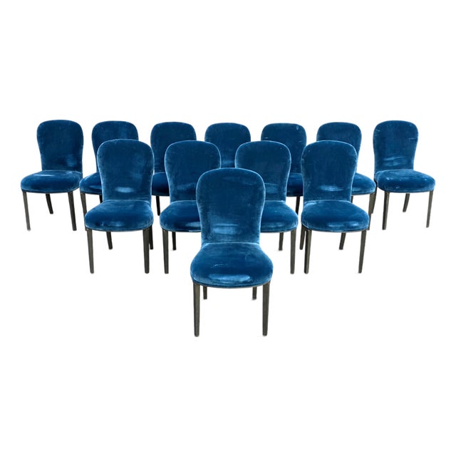 Mid 20th Century Dessin Fournir Companies Set of 12 French Moderne Blue Velvet Upholstered Dining Chairs For Sale