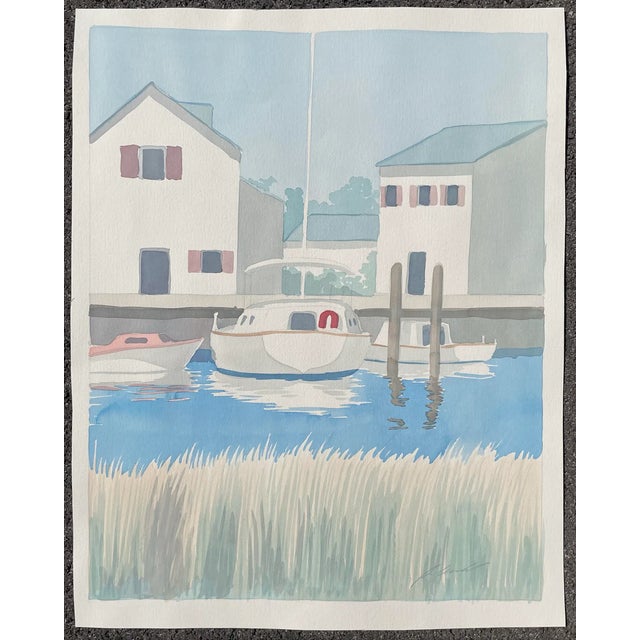 Coastal 1990s Coastal Dock Scene Watercolor For Sale - Image 3 of 3