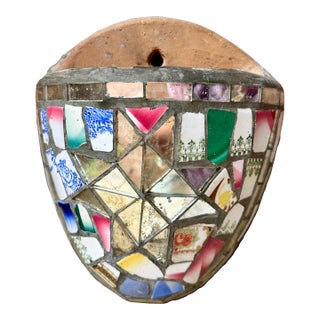 19th Century Mosaic Memory Ware Wall Pocket | Victorian Shardwork Folk Art | Broken China Memento Vessel For Sale