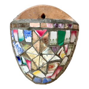 19th Century Mosaic Memory Ware Wall Pocket | Victorian Shardwork Folk Art | Broken China Memento Vessel
