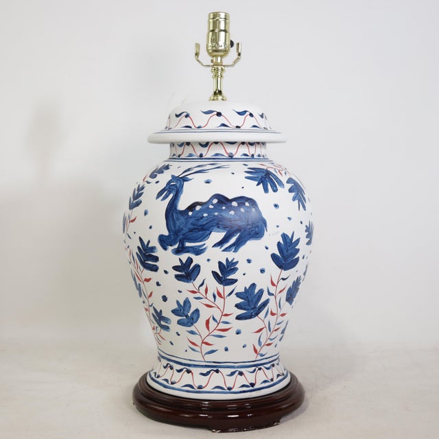 White Pair of Vintage Brunschwig & Fils Cadiz Table Lamps With Lid - Blue and White Ceramic With Boar and Deer Motif For Sale - Image 8 of 18