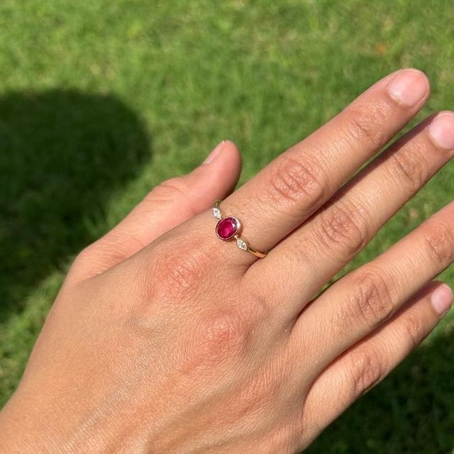 Asian Modern Ruby & Marquise Diamond Three-Stone Bezel Set Ring 14k Yellow Gold Size 6 For Sale - Image 3 of 16