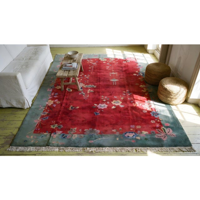 1920s Red Scarlet Foliate Antique Chinese Art Deco Carpet 9'2" X 12'8" Knotted Wool Rug For Sale - Image 13 of 13