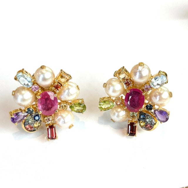 Metal Bochic “Orient” Fancy Sapphire, Ruby & Pearl Earrings Set 18K Gold & Silver - 2 Pieces For Sale - Image 7 of 8
