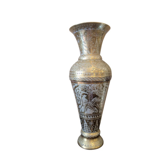 Pair of Large Mid-Century Indian Etched Brass Vases For Sale - Image 4 of 11