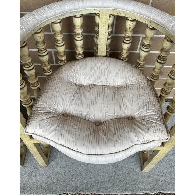 Vintage Hollywood Regency Distressed Cream Washed Spindle Barrel Chairs With Chinese Horseshoe Design, a Pair For Sale - Image 11 of 11