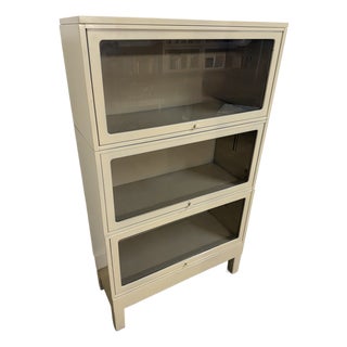 Vintage Industrial Steel Barrister Bookcases With Glass Lift-Up Doors For Sale