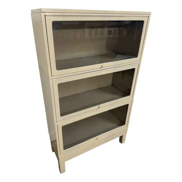 Vintage Industrial Steel Barrister Bookcases With Glass Lift-Up Doors For Sale