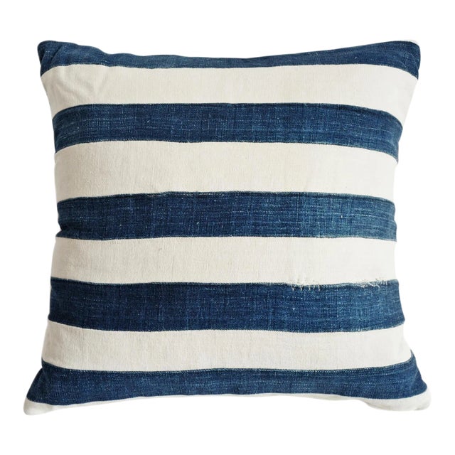 Vintage Indigo Striped Coastal Pillow For Sale