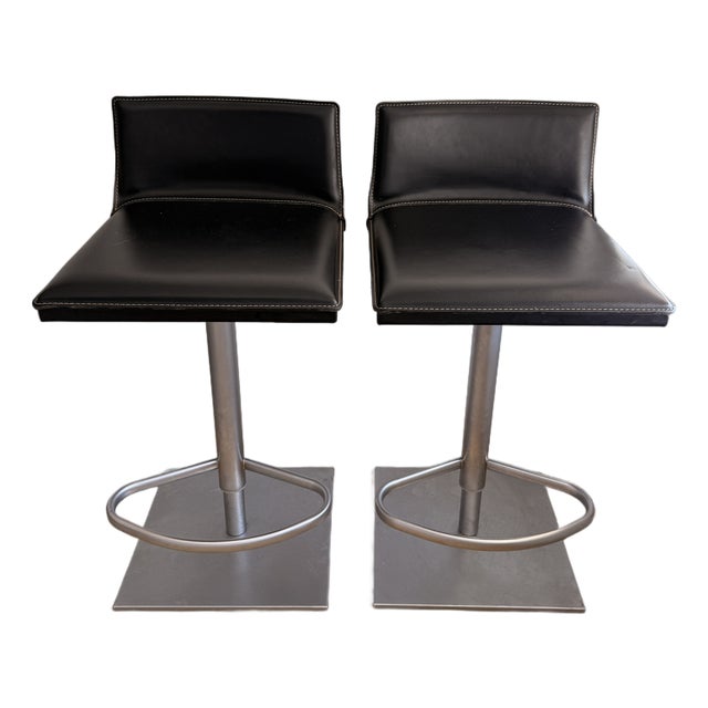 Design Within Reach Frag Bottega Piston Black Leather Adjustable Bar/Counter Stool (Set of 2) For Sale