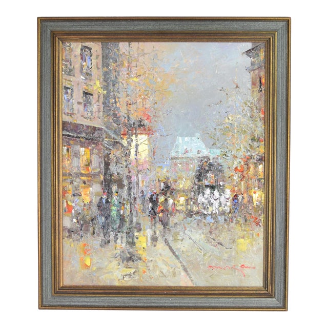 Impressionist Oil Painting Parisian Street Scene Pedestrians Signed