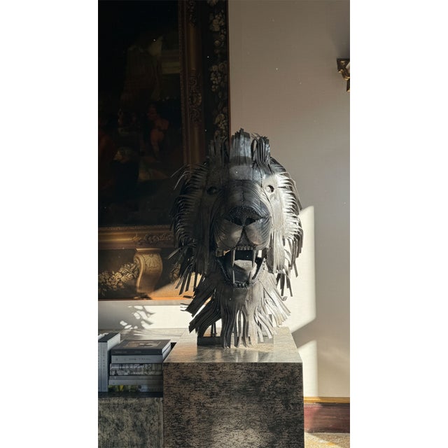 Gray Contemporary Recycled Steel Lion Head Sculpture, Handcrafted, One-of-a-Kind For Sale - Image 8 of 9