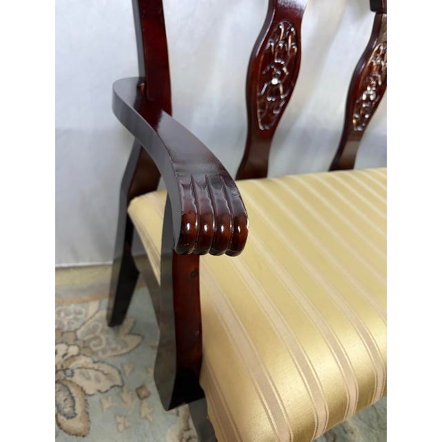 Vintage Queen Anne Style Triple-Back Walnut Settee With Stripe Satin Cushion For Sale In Phoenix - Image 6 of 12