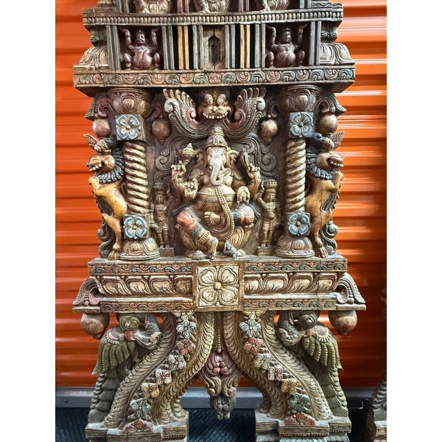 Indian Grand 6ft Custom Architectural Hand-Carved Hardwood Temple Panels - Pair For Sale - Image 3 of 18