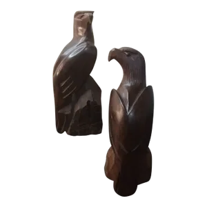 1970s Exquisite Rare Pair of Hand Carved Ironwood Eagle Sculptures.