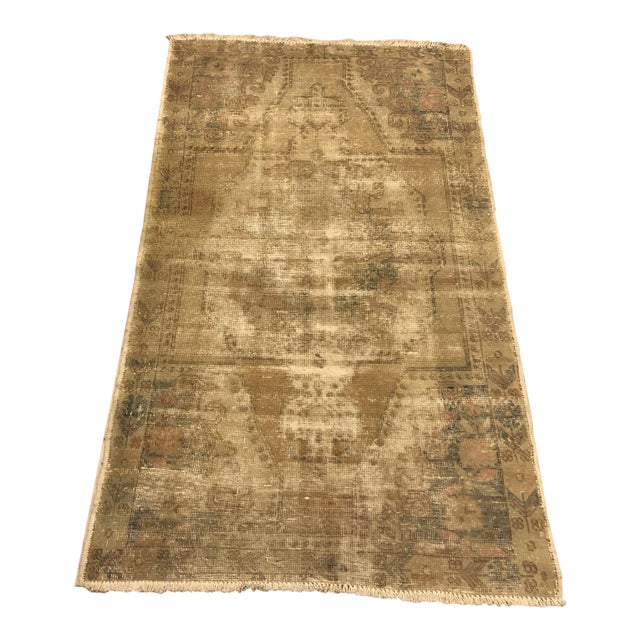 1960s Vintage Tan Nomadic Distressed Wool Floor Rug For Sale