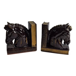 Vintage MCM Brown Gold Ceramic Hand Painted Horse Head Equestrian Decor Bookends Pair For Sale