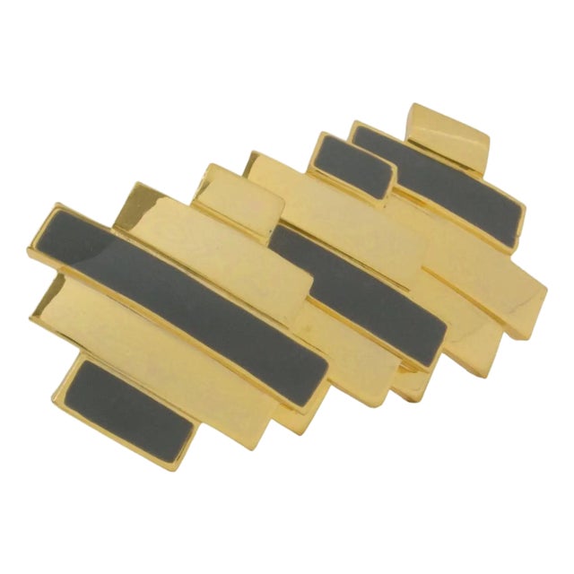 Lanvin Geometric Brooch Gilded Metal and Gray Enamel For Sale