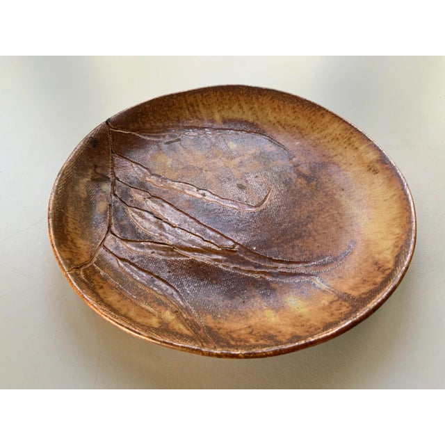 Brown Studio Pottery Plate With Eucalpytus Leaf Embossing For Sale - Image 8 of 12