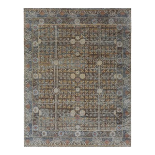 Rug & Kilim’s Block Print Runner Rug in Brown and Blue with Geometric Florals - 3x16 For Sale