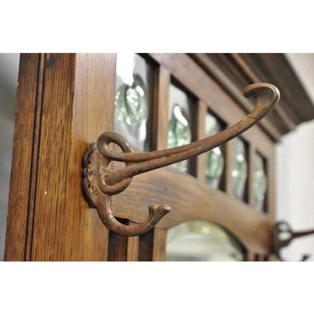 Wood Antique English Art Nouveau Oak & Green Tile Coat Rack Umbrella Stand Hall Tree For Sale - Image 7 of 18